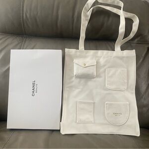 CHANEL Beauty White Canvas shopping bag with Gold Lettering